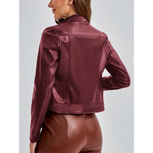 Minimalist Zip Up vegan leather Moto Jacket motorcycle burgundy dark red - Picture 2 of 4